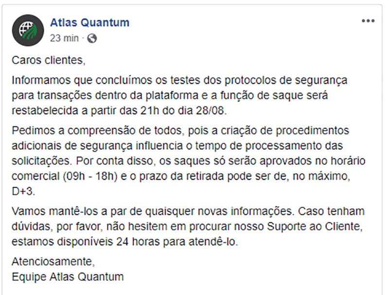Atlas Quantum vai reestabelecer a função saque na plataforma