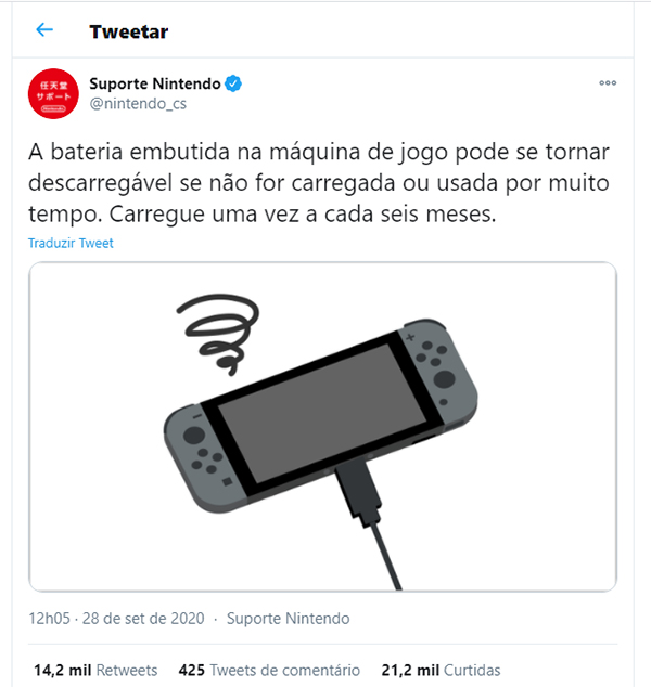 Nintendo recomenda que os usuários carregue seu Switch pelo menos uma vez a cada seis meses
