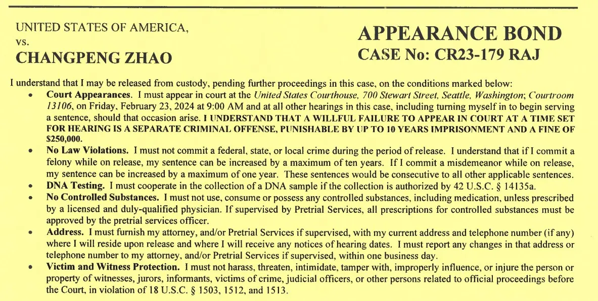 Documento assinado por Changpeng Zhao para evitar prisão