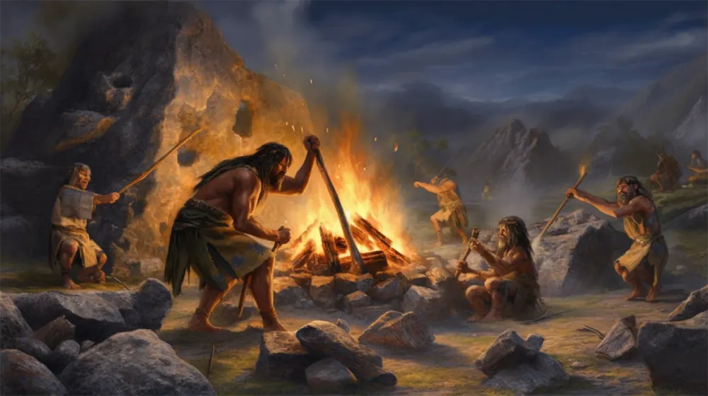 Humanos primitivos cozinhando em fogueiras