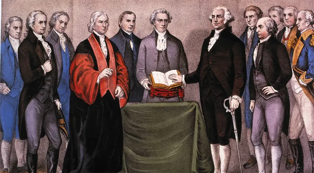 chanceler Robert Livingston conduzindo a cerimônia de posse de George Washington