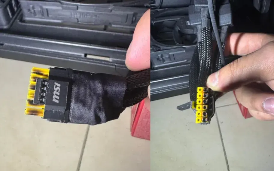 conector de energia queimado em uma placa de vídeo da MSI